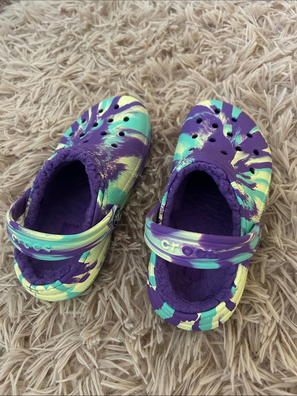 CROCS Kids Classic Tie-Dye Clog in Purple, Teal & Yellow